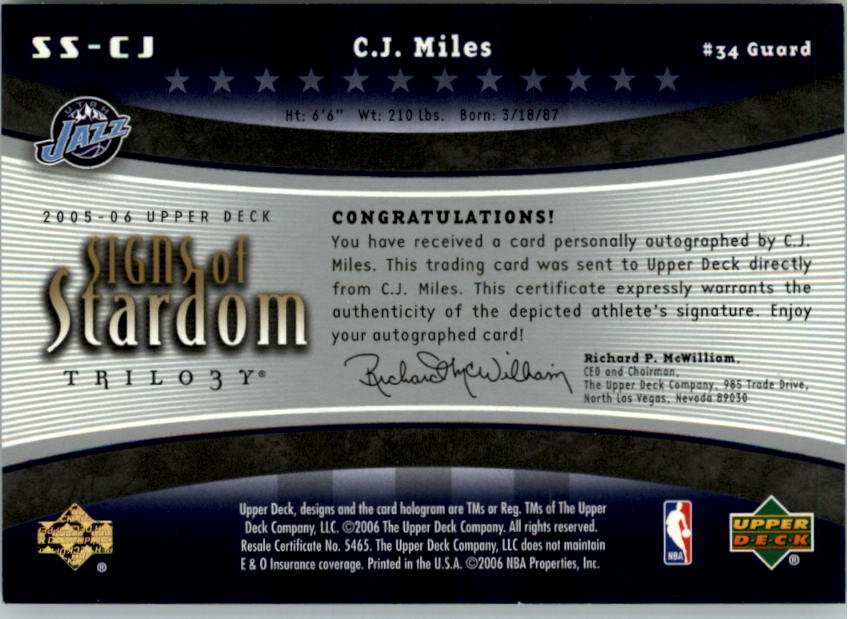 2005-06 Upper Deck Trilogy Signs of Stardom #CJ C.J. Miles back image