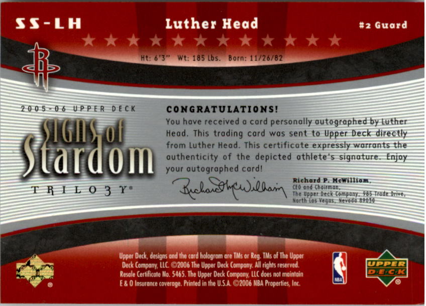 2005-06 Upper Deck Trilogy Signs of Stardom #LH Luther Head back image