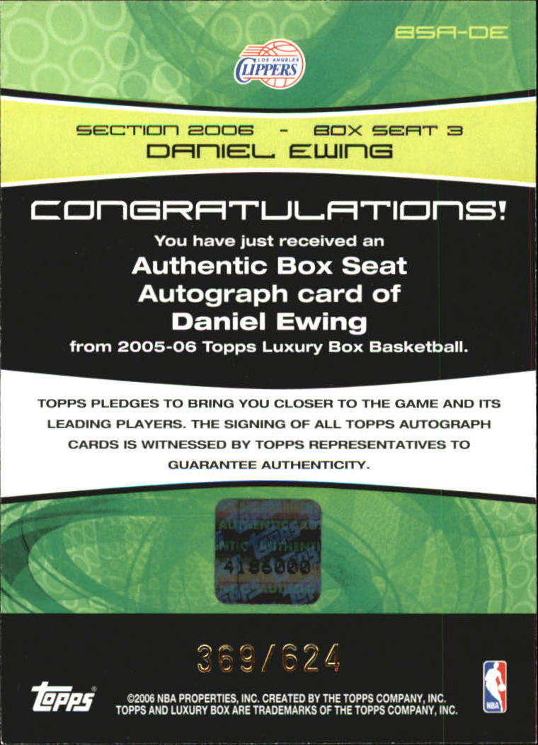 2005-06 Topps Luxury Box Box Seats Autographs #DE Daniel Ewing/624 back image