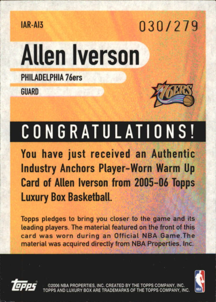 2005-06 Topps Luxury Box Industry Anchors Relics #AI3 Allen Iverson back image