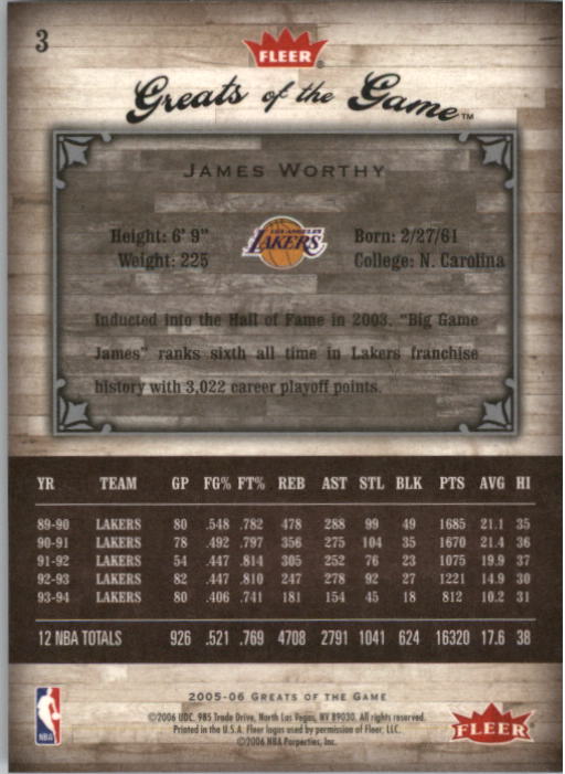 2005-06 Greats of the Game #3 James Worthy back image