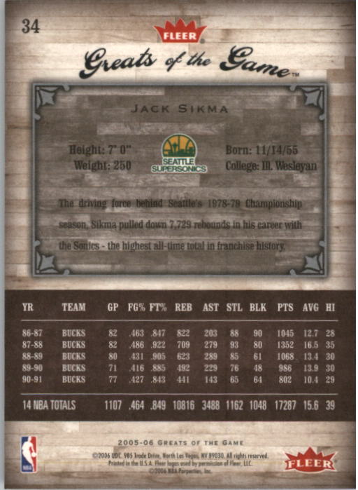 2005-06 Greats of the Game #34 Jack Sikma back image