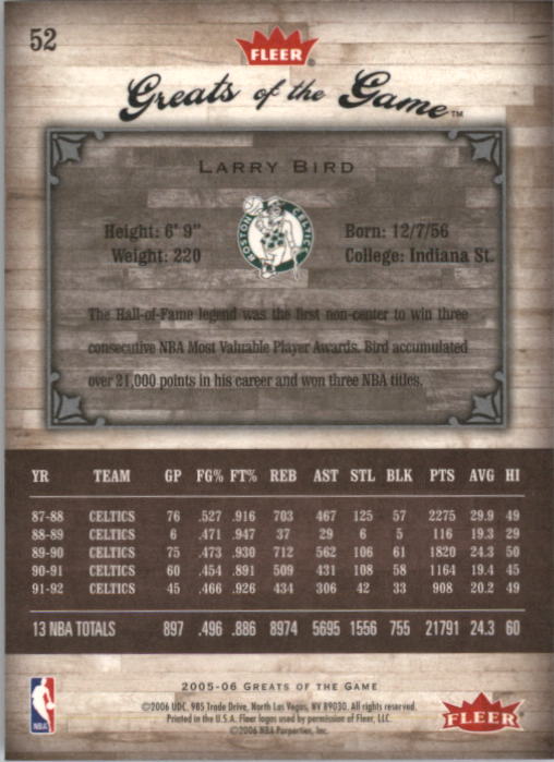 2005-06 Greats of the Game #52 Larry Bird back image