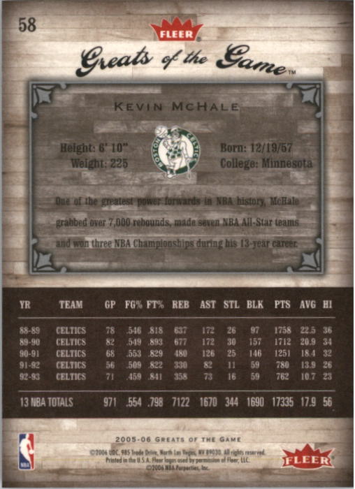 2005-06 Greats of the Game #58 Kevin McHale back image