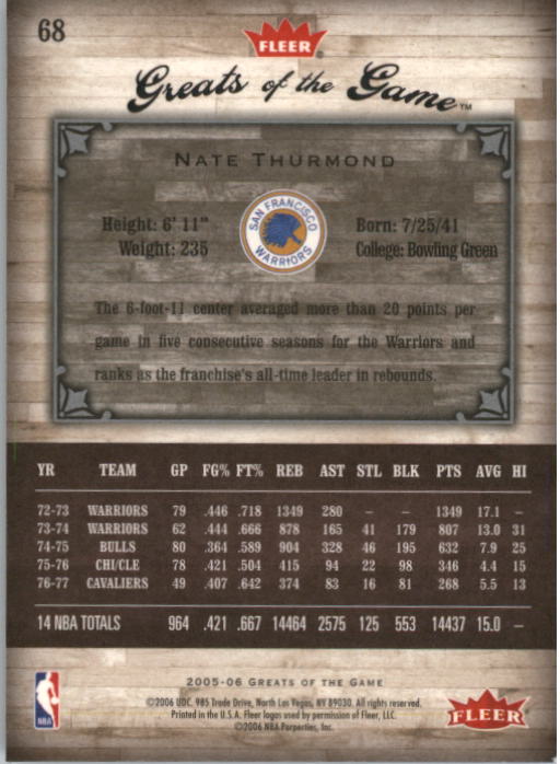 2005-06 Greats of the Game #68 Nate Thurmond back image