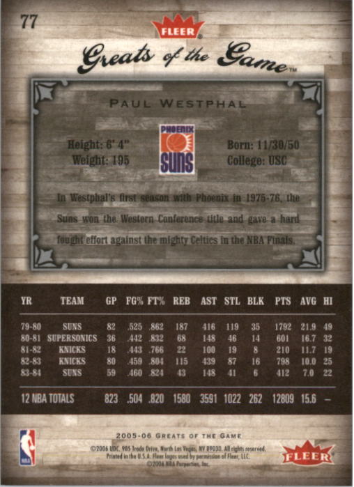 2005-06 Greats of the Game #77 Paul Westphal back image