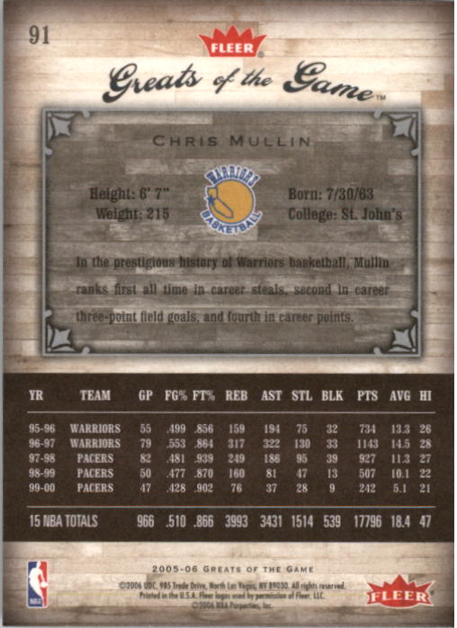 2005-06 Greats of the Game #91 Chris Mullin back image