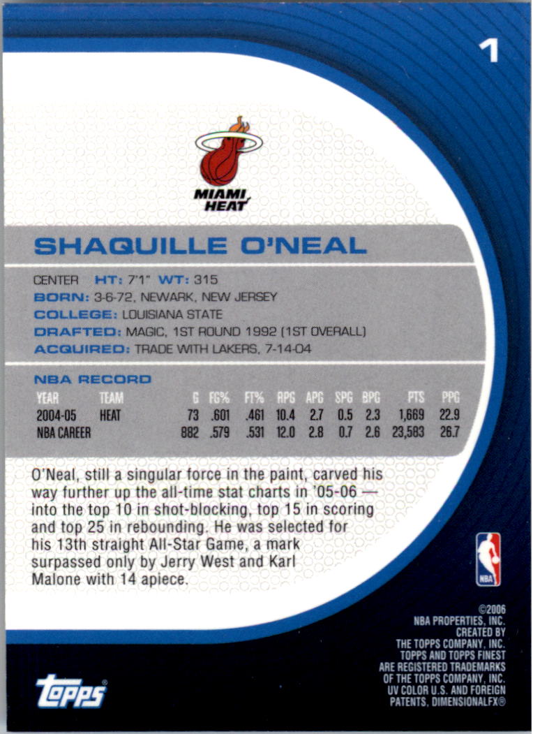2005-06 Finest #1 Shaquille O'Neal back image