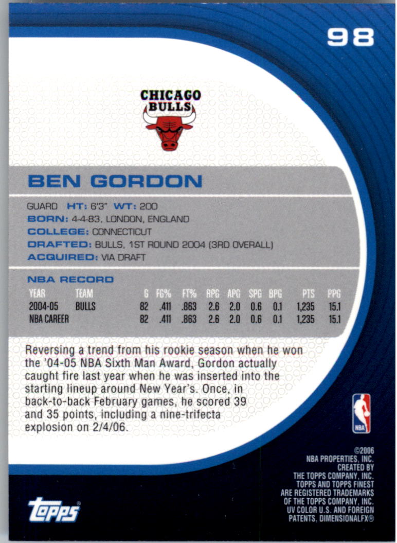 2005-06 Finest #98 Ben Gordon back image