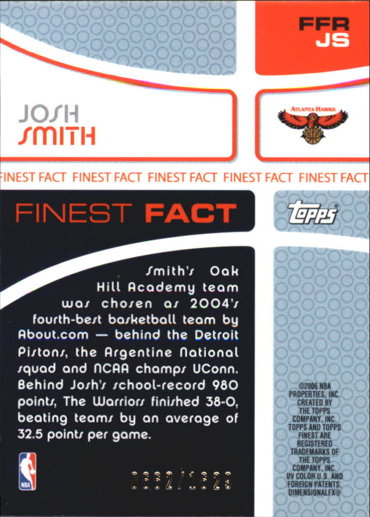 2005-06 Finest Fact Relics #JS Josh Smith/1629 back image