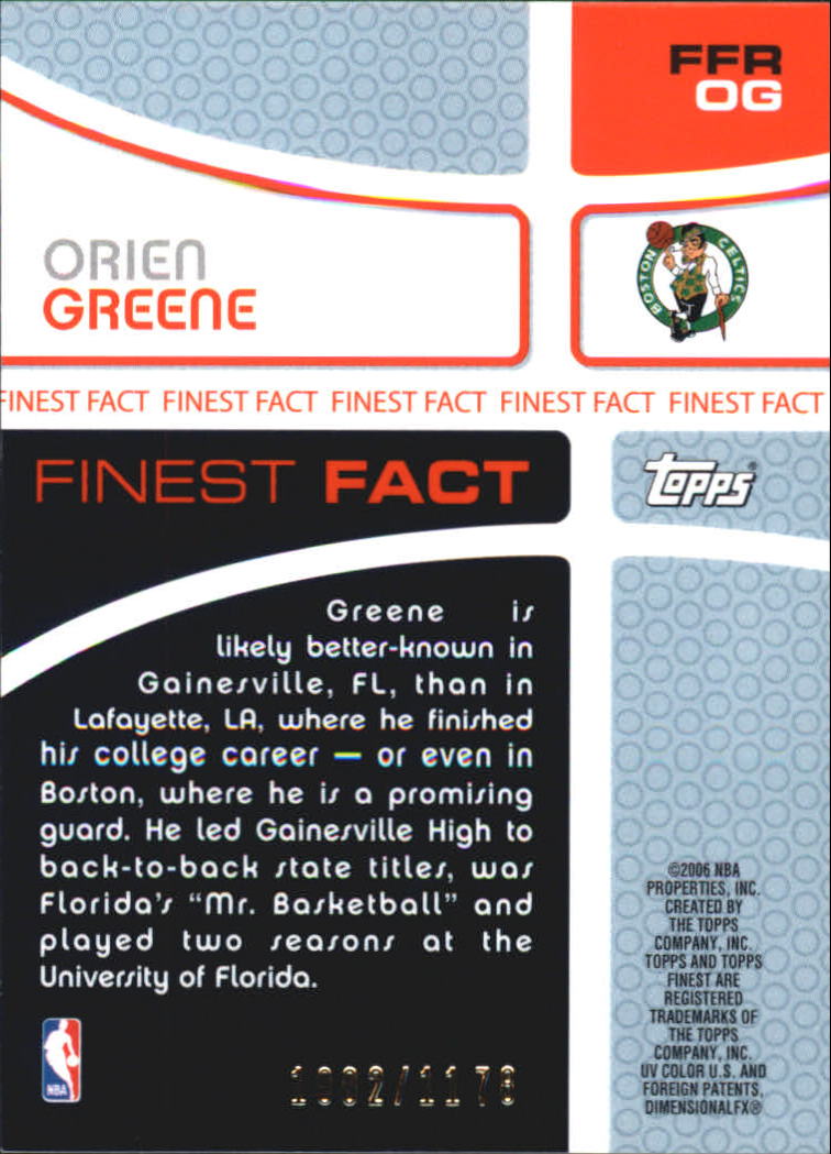 2005-06 Finest Fact Relics #OG Orien Greene/1629 back image