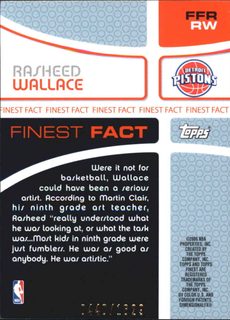2005-06 Finest Fact Relics #RW Rasheed Wallace/1629 back image