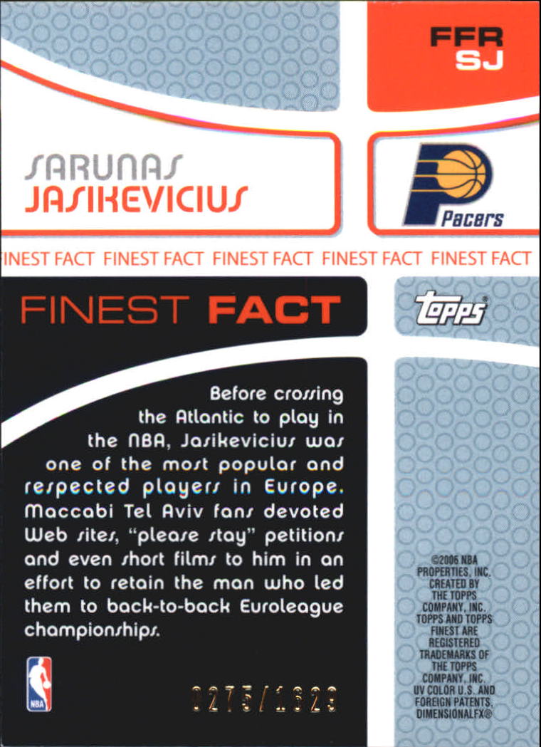 2005-06 Finest Fact Relics #SJ Sarunas Jasikevicius/1629 back image