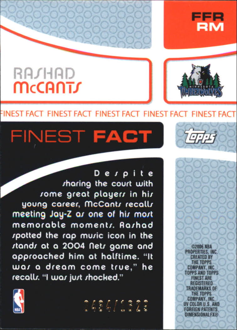 2005-06 Finest Fact Relics #RM Rashad McCants/1629 back image