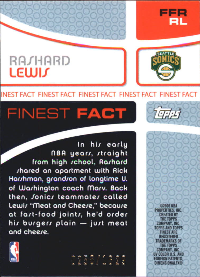 2005-06 Finest Fact Relics #RL Rashard Lewis/1629 back image