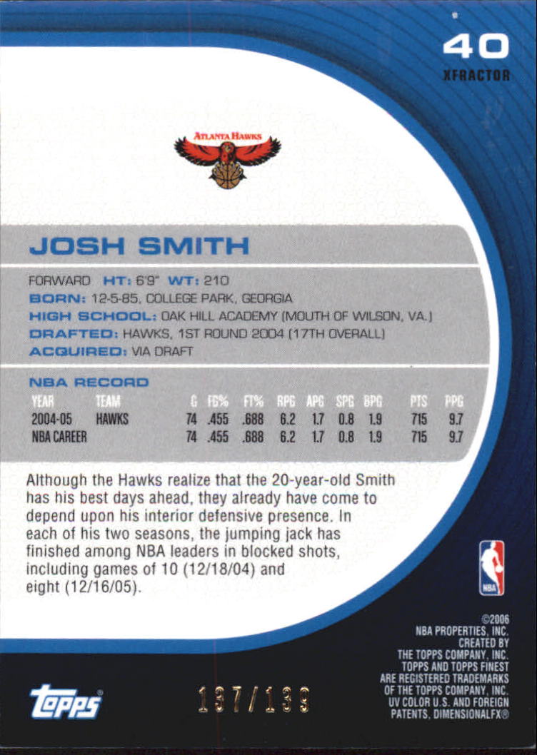 2005-06 Finest X-Fractors Red #40 Josh Smith back image