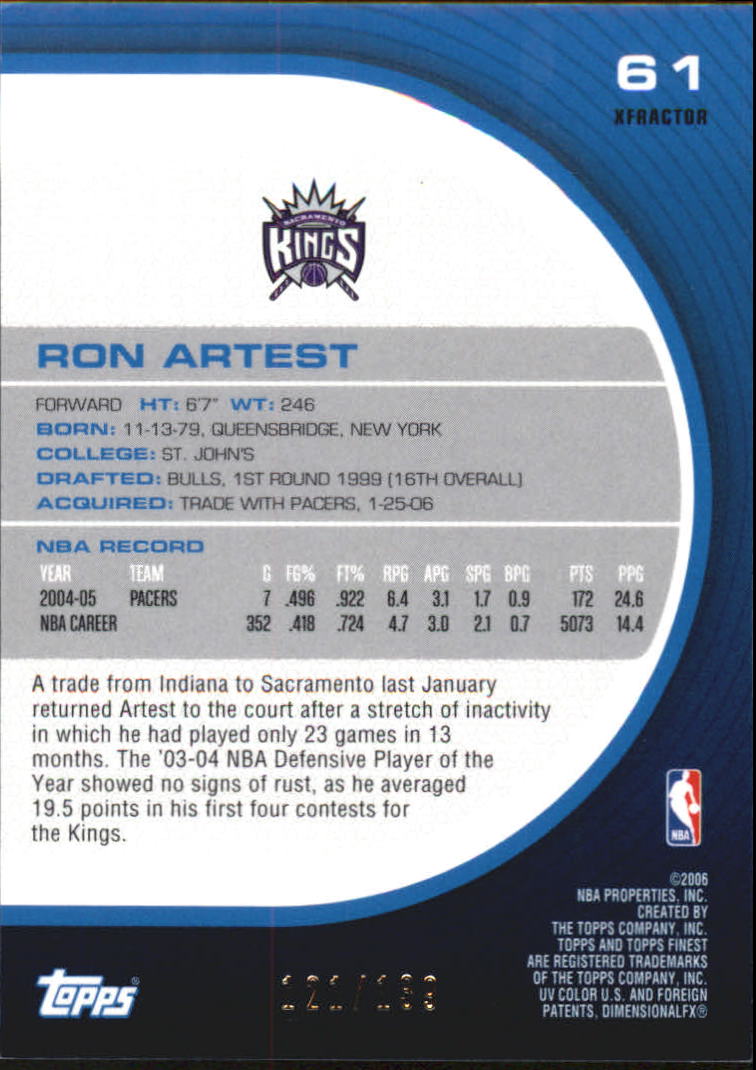 2005-06 Finest X-Fractors Red #61 Ron Artest back image