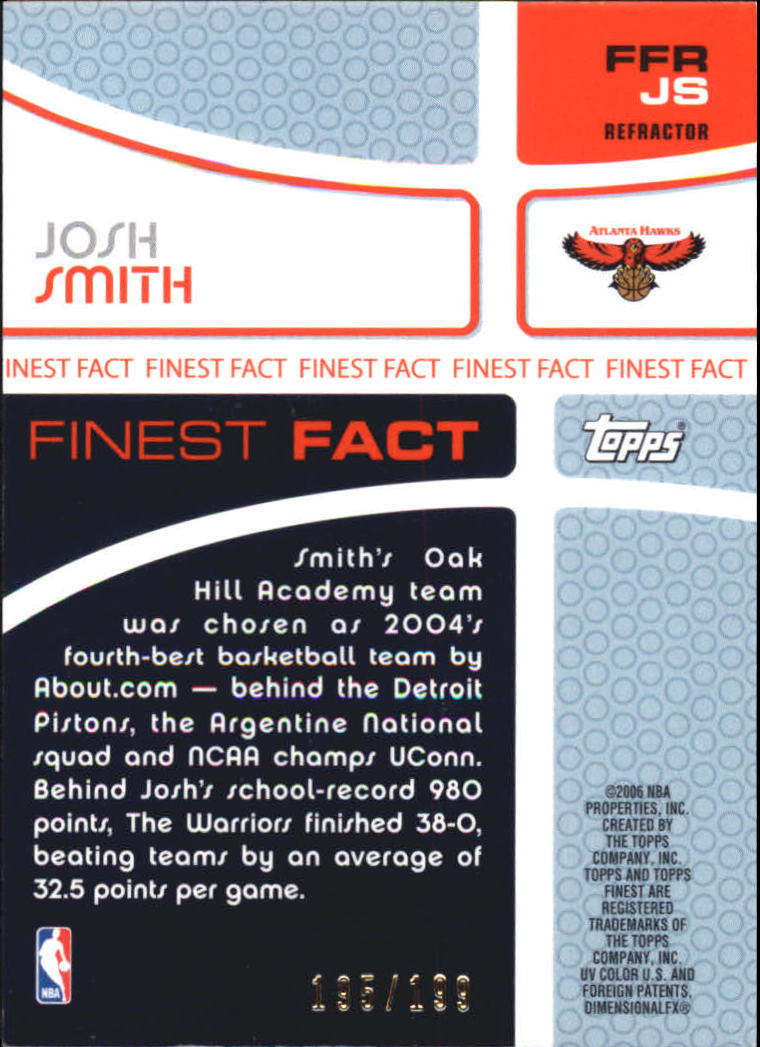 2005-06 Finest Fact Relics Refractors #JS Josh Smith back image