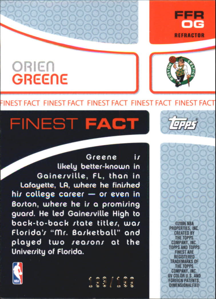 2005-06 Finest Fact Relics Refractors #OG Orien Greene back image