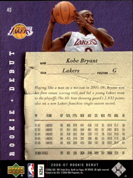 2006-07 Upper Deck Rookie Debut #40 Kobe Bryant back image