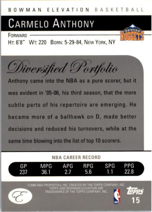 2006-07 Bowman Elevation #15 Carmelo Anthony back image