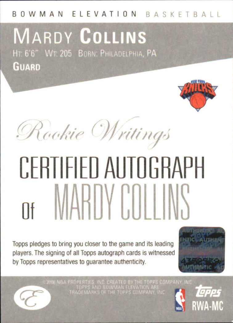 2006-07 Bowman Elevation Rookie Writing Autographs #MC Mardy Collins back image