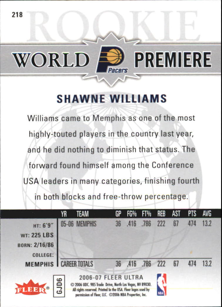 2006-07 Ultra #218 Shawne Williams WP RC back image