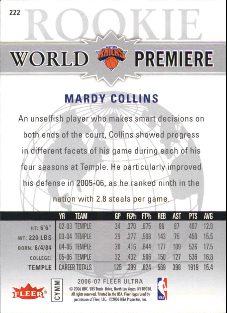 2006-07 Ultra #222 Mardy Collins WP RC back image
