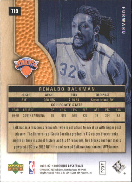 2006-07 Upper Deck Hardcourt #113 Renaldo Balkman RC back image