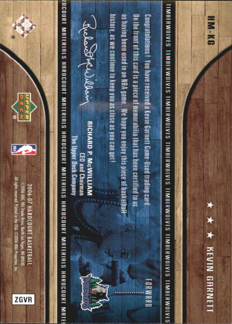 2006-07 Upper Deck Hardcourt Materials #KG Kevin Garnett back image