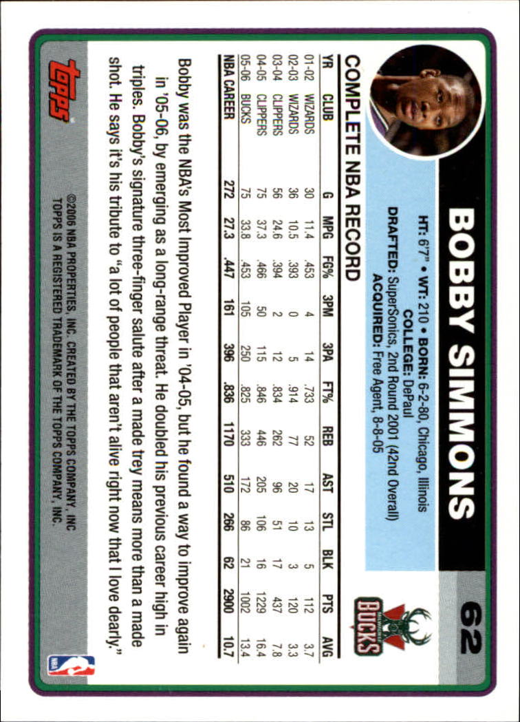 2006-07 Topps #62 Bobby Simmons back image