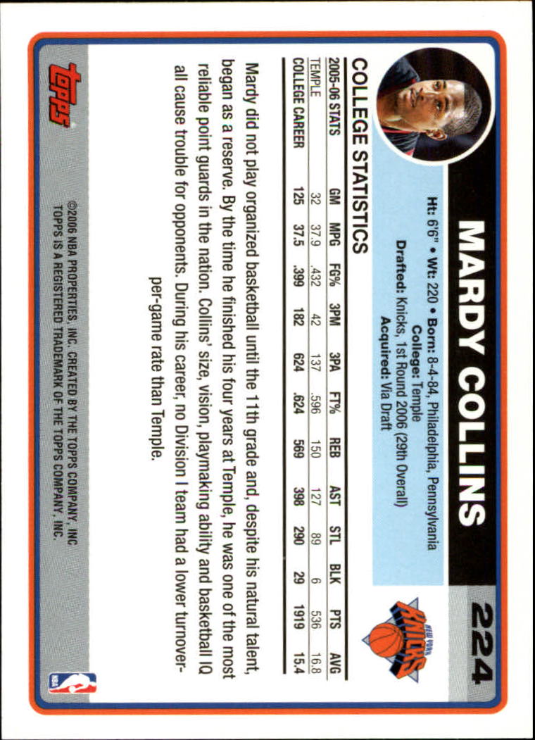 2006-07 Topps #224 Mardy Collins RC back image