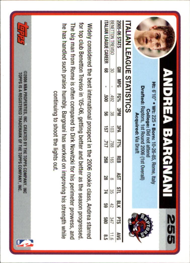 2006-07 Topps #255A Andrea Bargnani RC back image