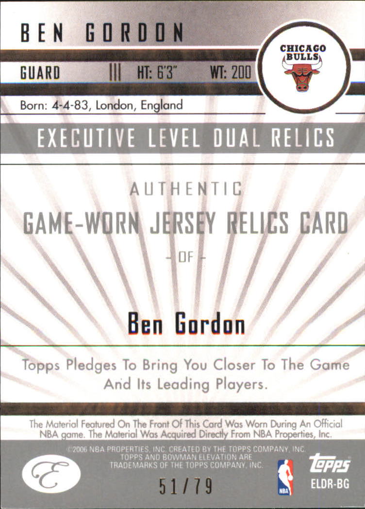 2006-07 Bowman Elevation Executive Level Relics Dual Blue #DRBG Ben Gordon back image