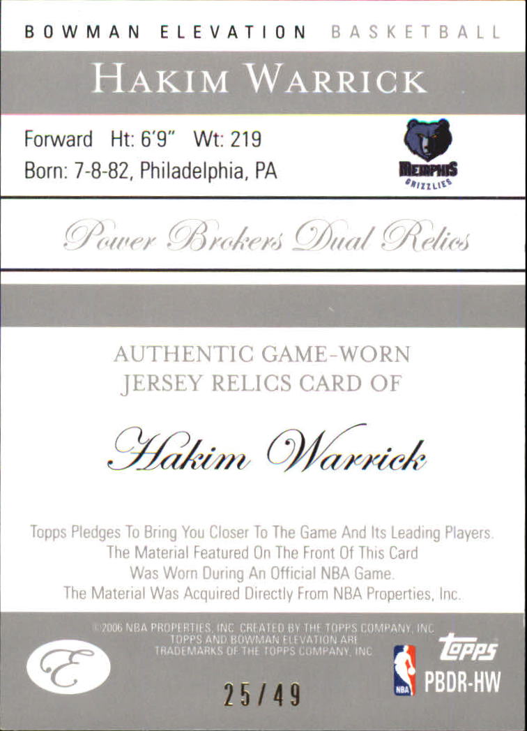 2006-07 Bowman Elevation Power Brokers Relics Dual Red #RHW Hakim Warrick back image