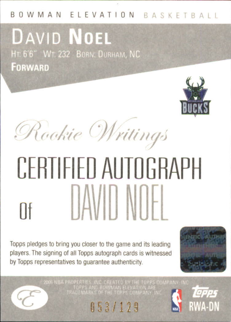 2006-07 Bowman Elevation Rookie Writing Autographs Blue #DN David Noel/129 back image