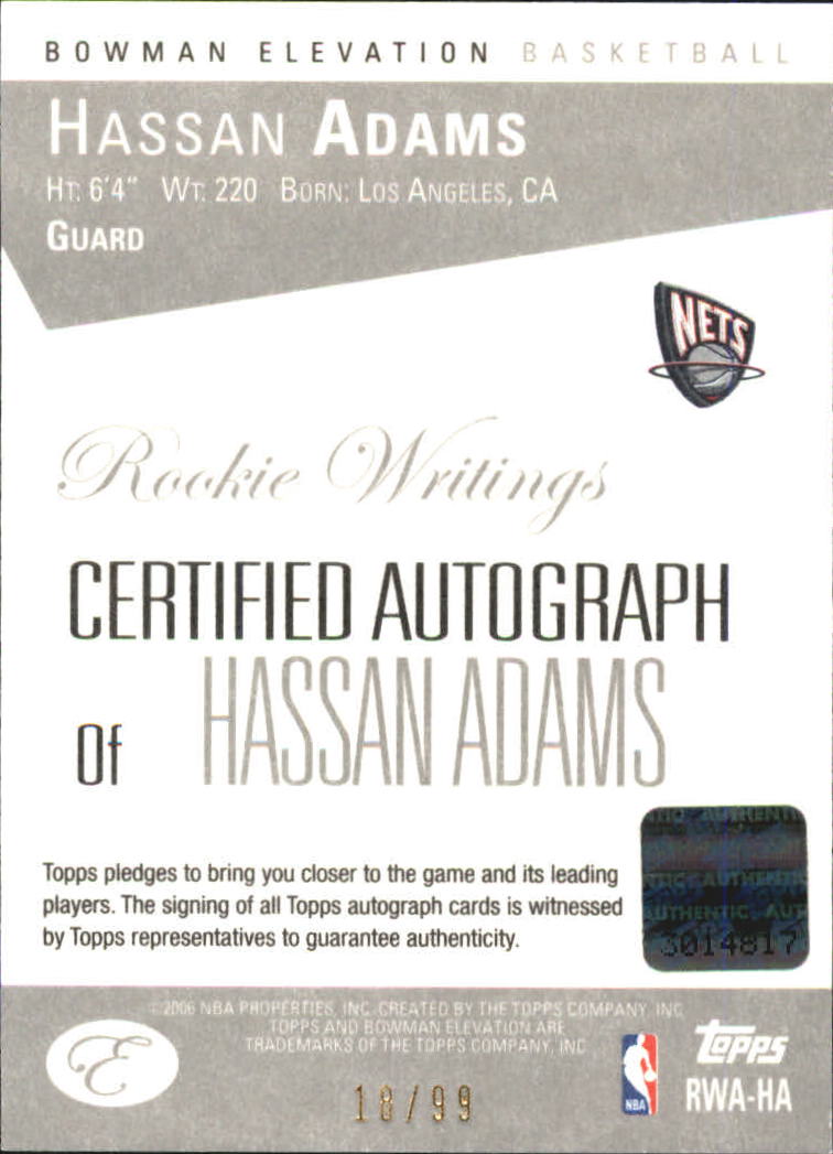 2006-07 Bowman Elevation Rookie Writing Autographs Red #HA Hassan Adams/99 back image