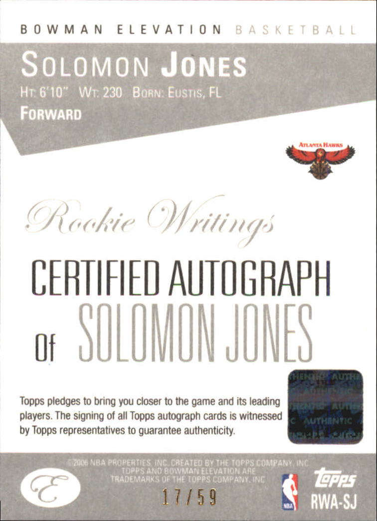 2006-07 Bowman Elevation Rookie Writing Autographs Gold #SJ Solomon Jones/59 back image