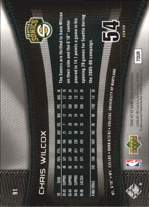 2006-07 SP Game Used #91 Chris Wilcox back image