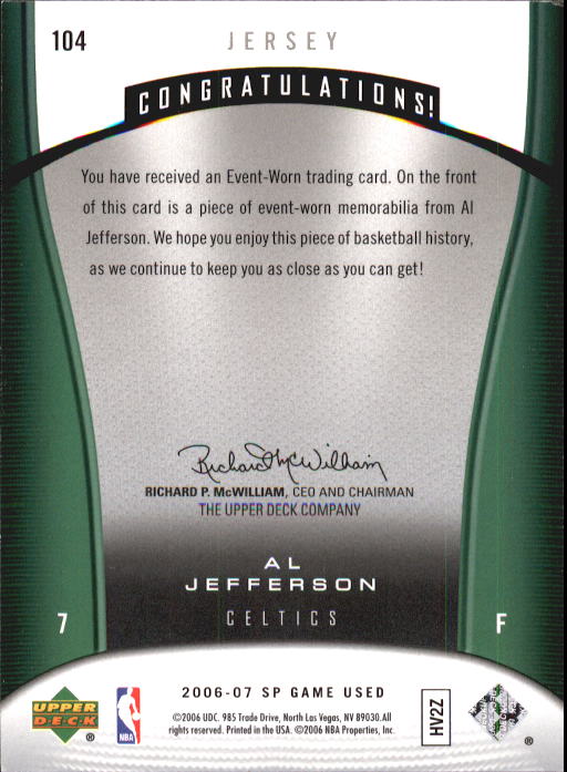2006-07 SP Game Used #104 Al Jefferson JSY back image