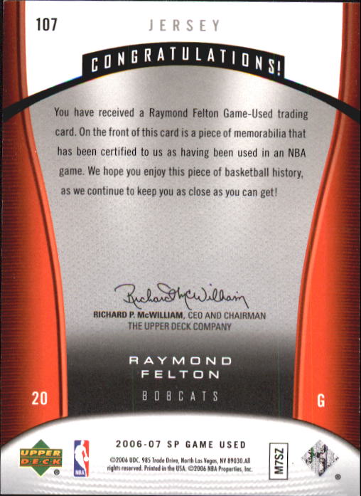 2006-07 SP Game Used #107 Raymond Felton JSY back image