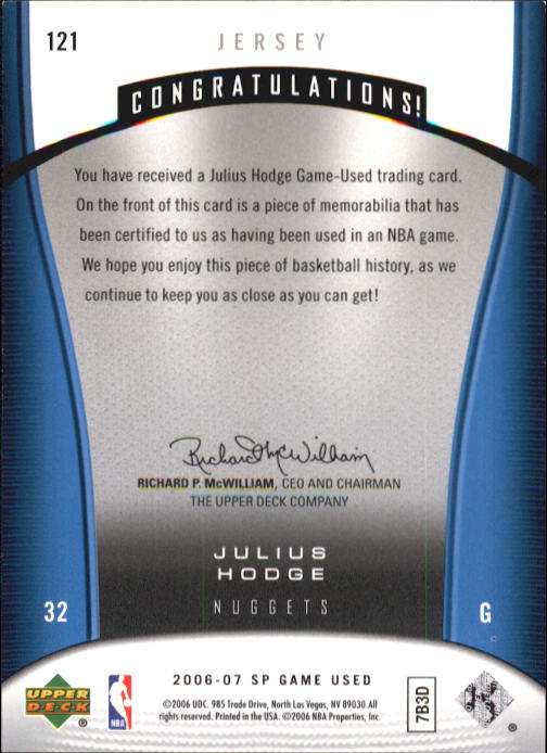 2006-07 SP Game Used #121 Julius Hodge JSY back image