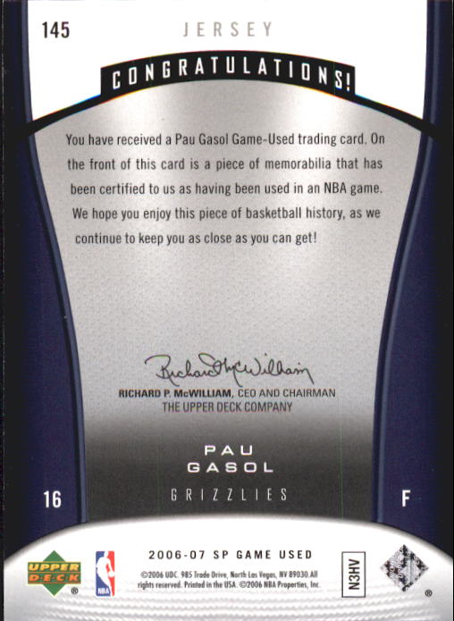 2006-07 SP Game Used #145 Pau Gasol JSY back image