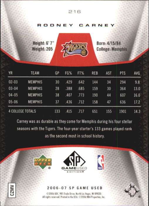 2006-07 SP Game Used #216 Rodney Carney RC back image