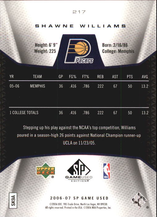 2006-07 SP Game Used #217 Shawne Williams RC back image