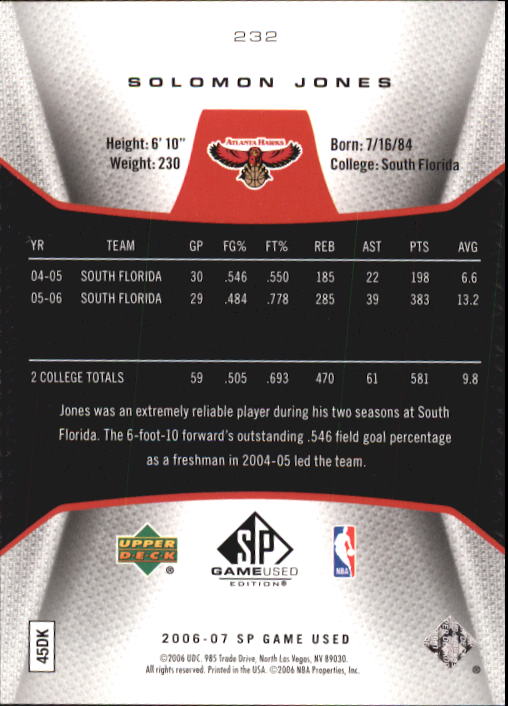 2006-07 SP Game Used #232 Solomon Jones RC back image