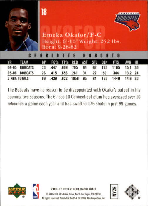 2006-07 Upper Deck #18 Emeka Okafor back image