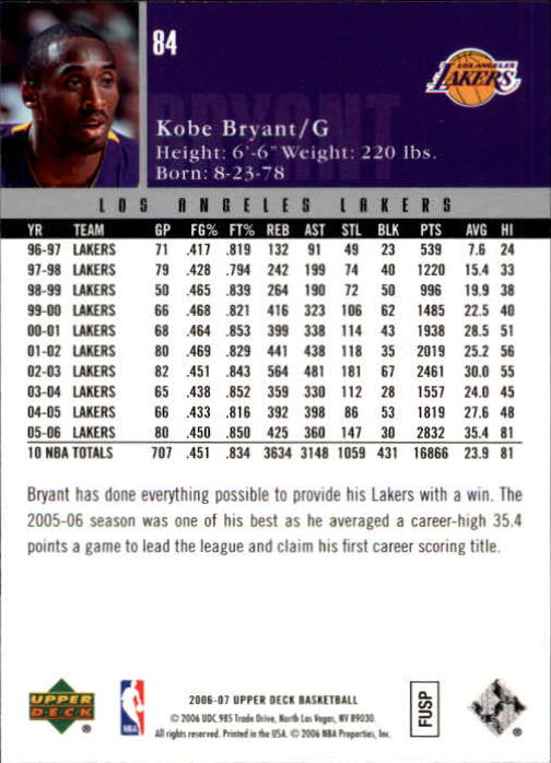 2006-07 Upper Deck #84 Kobe Bryant back image
