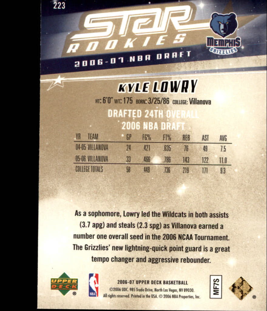 2006-07 Upper Deck #223 Kyle Lowry RC back image