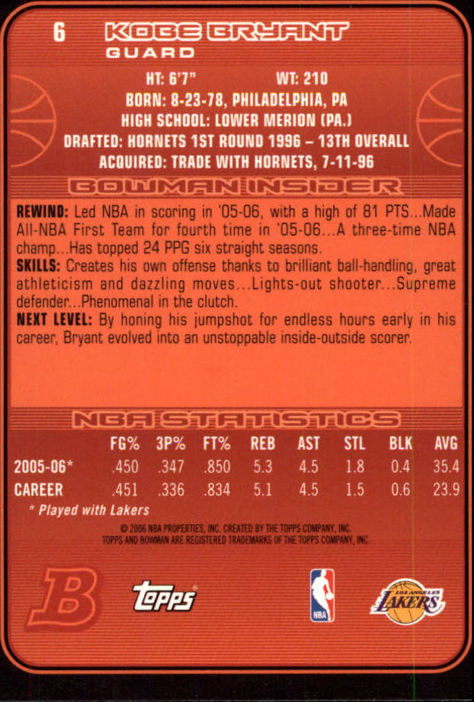 2006-07 Bowman #6 Kobe Bryant back image